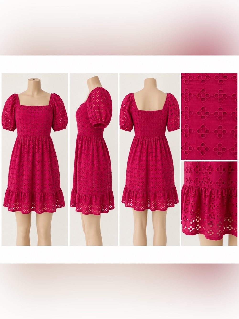 La Blanca Fuchsia Eyelet Smocked Puff-Sleeve Mini Dress - Picture 1 of 1